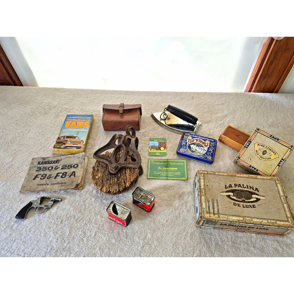 Vintage Junk Drawer Lot Crosman Cap Gun Kawasaki John Deere Cigar Boxes Tools